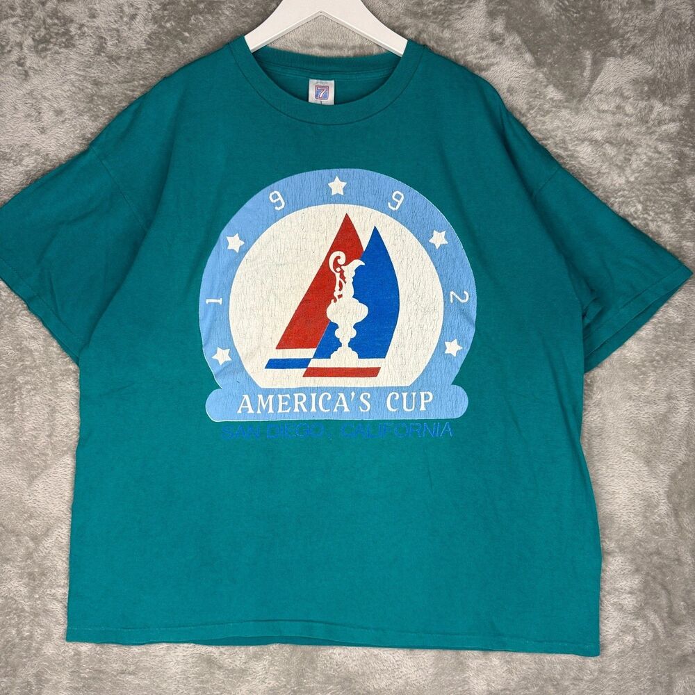 Vtg Americas Cup 1992 Sailing T-Shirt Men XL Teal Logo 7 Single Stitch San Diego